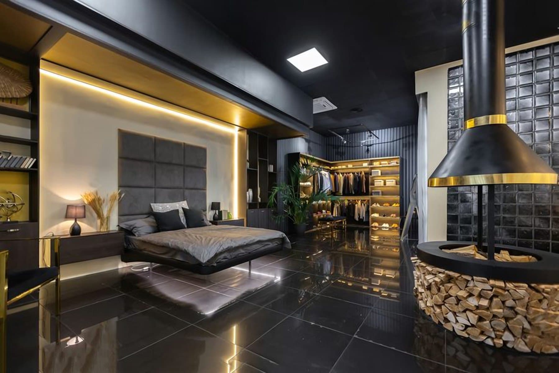 Bedroom with layered architectural lighting